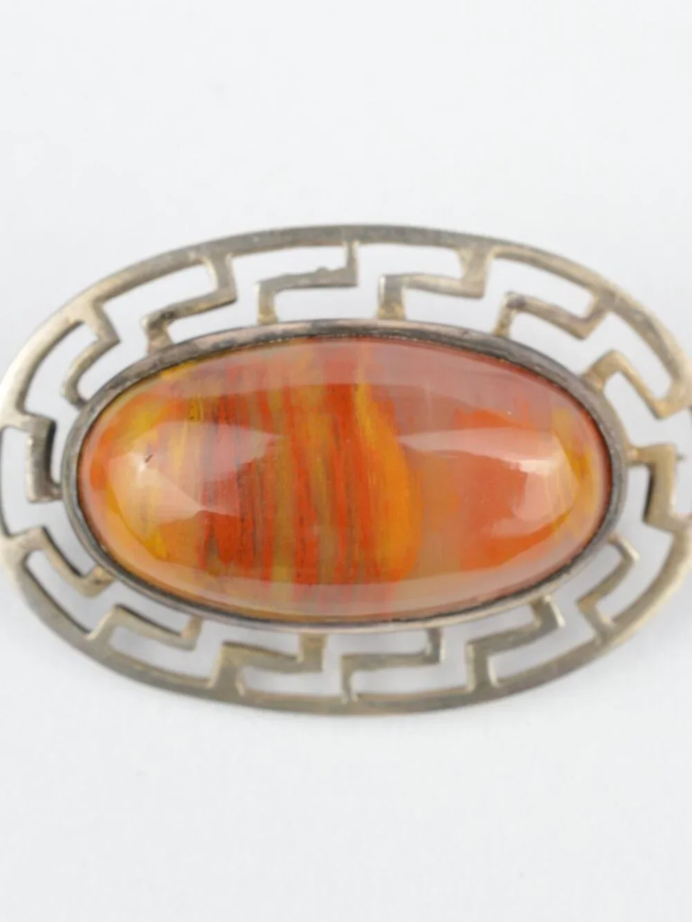 Vintage Art Deco Sterling Silver Red Jasper Agate Greek Key Fret Brooch Pin 4.2g
